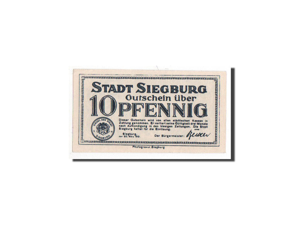 Banknote, Germany, Siegburg, 10 Pfennig, 1921, UNC(65-70), Mehl:1225.1