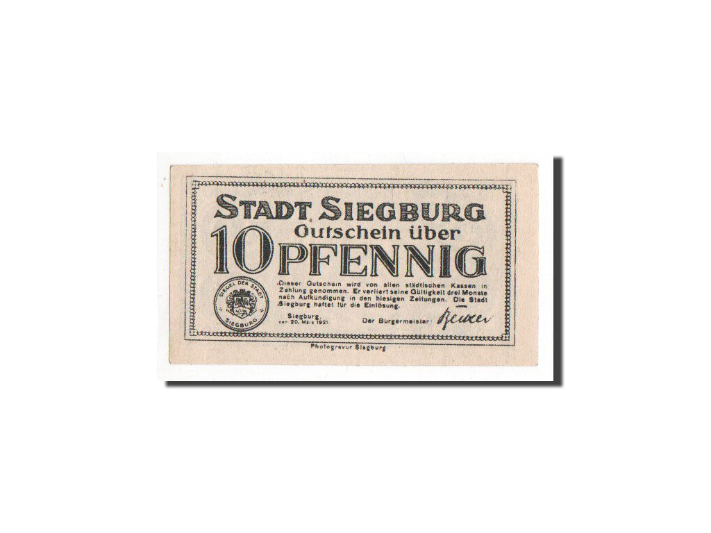 Banknote, Germany, Siegburg, 10 Pfennig, 1921, UNC(65-70), Mehl:1225.1