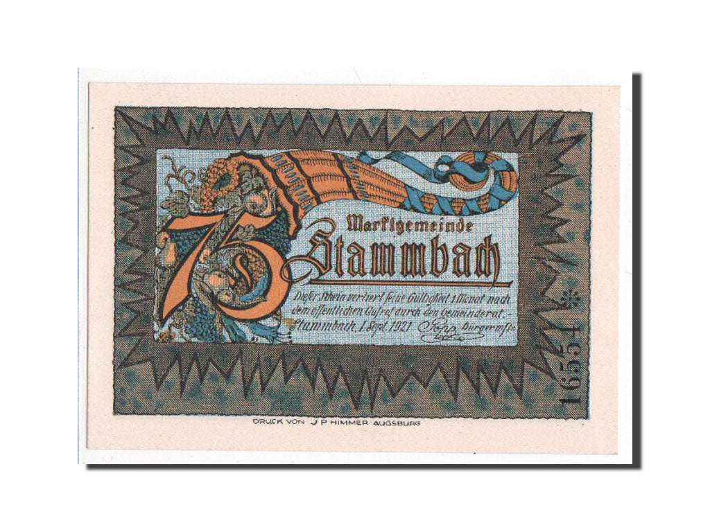 Banknote, Germany, Stammbach, 75 Pfennig, 1921, UNC(65-70), Mehl:1252.3a