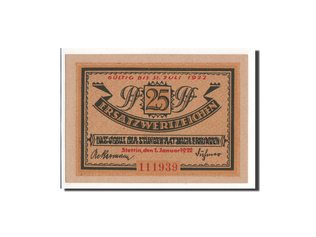 Banknote, Germany, Stettin Stadt, 25 Pfennig, 1922, 1922-01-01, UNC(65-70)