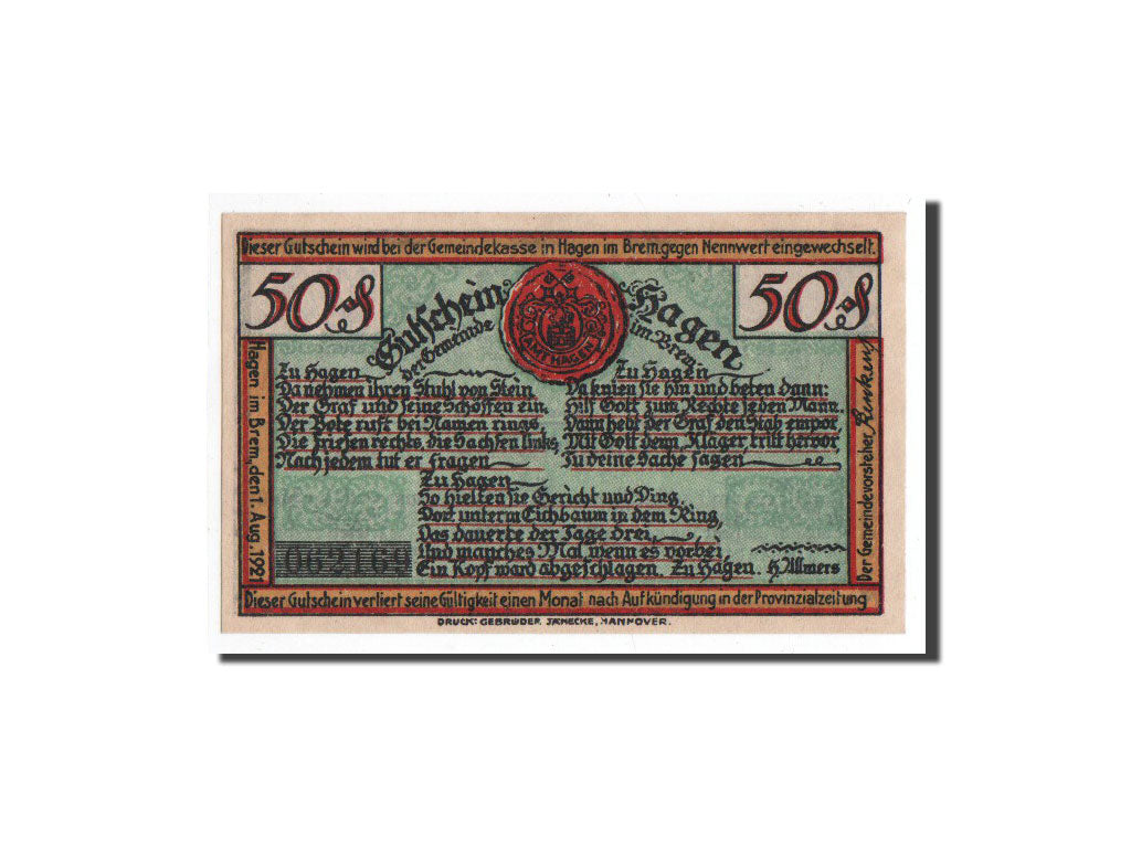 Banknote, Germany, Hagen, 50 Pfennig, 1921, 1921-08-01, UNC(65-70), Mehl:499.1a