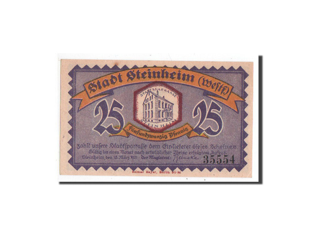 Banknot, Niemcy, Steinheim Stadt, 25 Pfennig, 1921, 1921-03-18, UNC(65-70)
