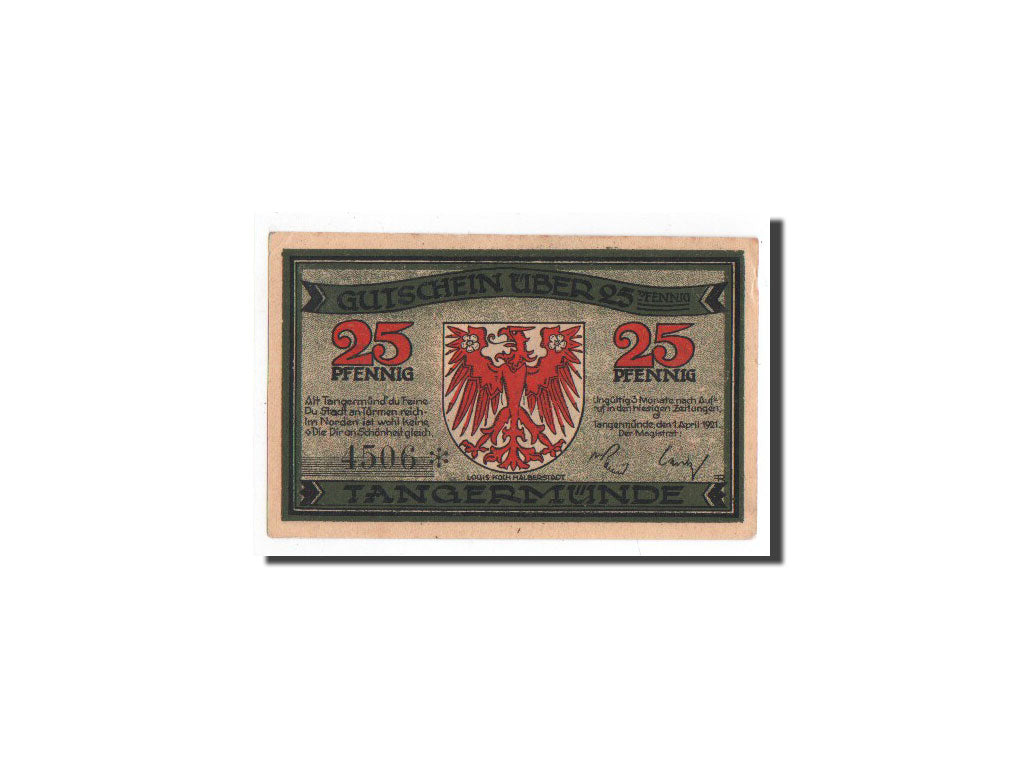 Banknote, Germany, Tangermünde, 25 Pfennig, 1921, 1921-04-01, UNC(65-70)