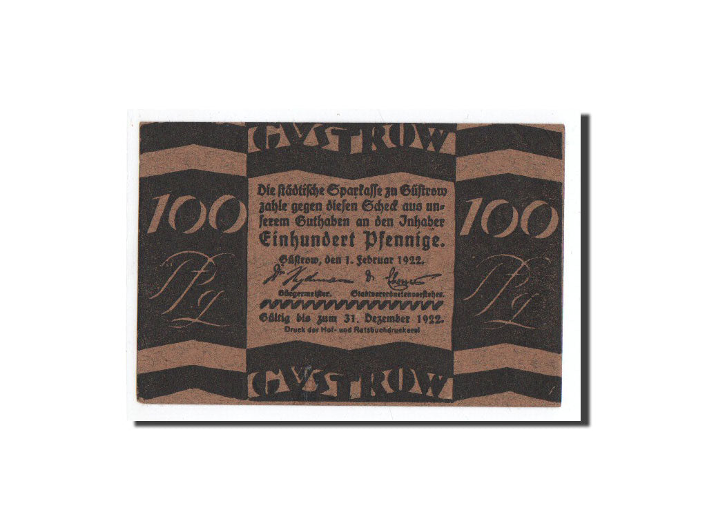 Banknot, Niemcy, Gustrow, 100 Pfennig, 1922, 1922-02-01, UNC(65-70), Mehl:495.2