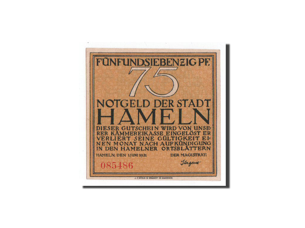 Billete, Alemania, Hameln, 75 Pfennig, Amber, 1921, 1921-06-01, UNC, Mehl:566.1a
