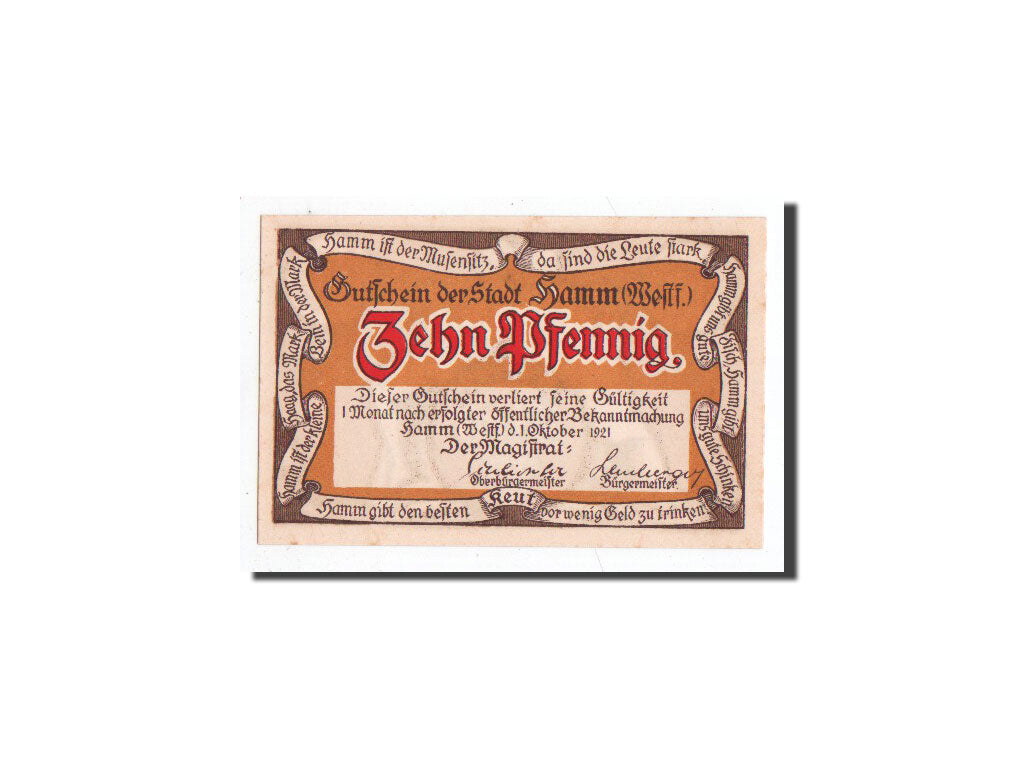 Banknote, Germany, Hamm, 10 Pfennig, Ochre, 1921, 1921-10-01, UNC(65-70)