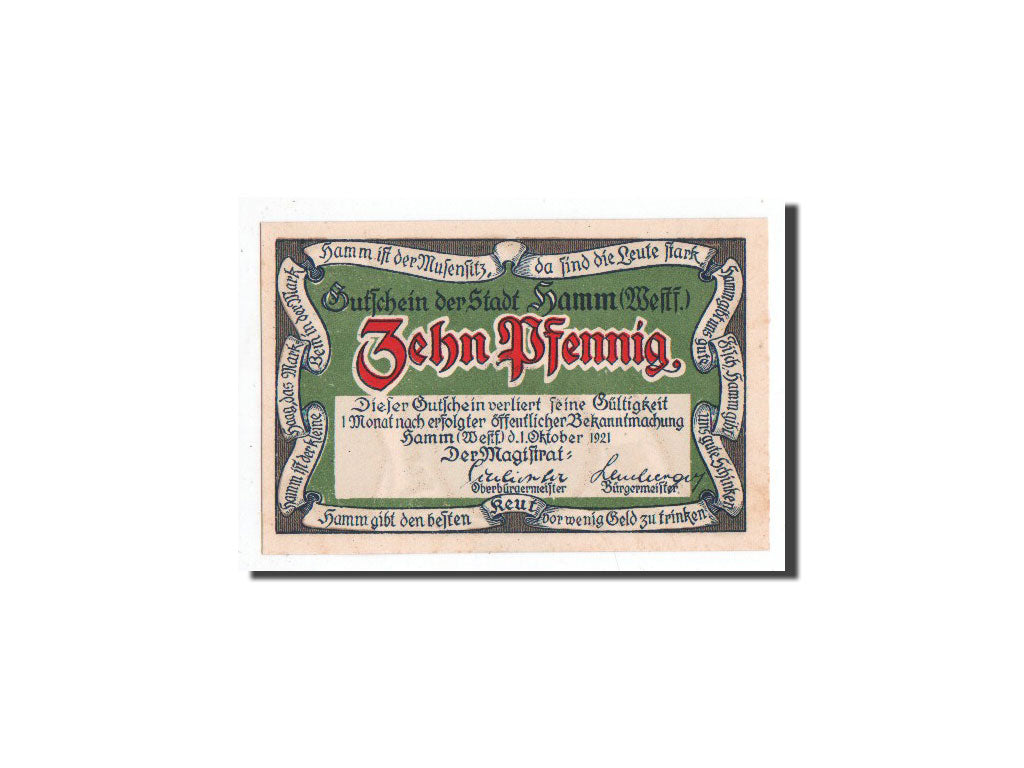 Banknote, Germany, Hamm, 10 Pfennig, 1921, 1921-10-01, UNC(65-70), Mehl:568.4
