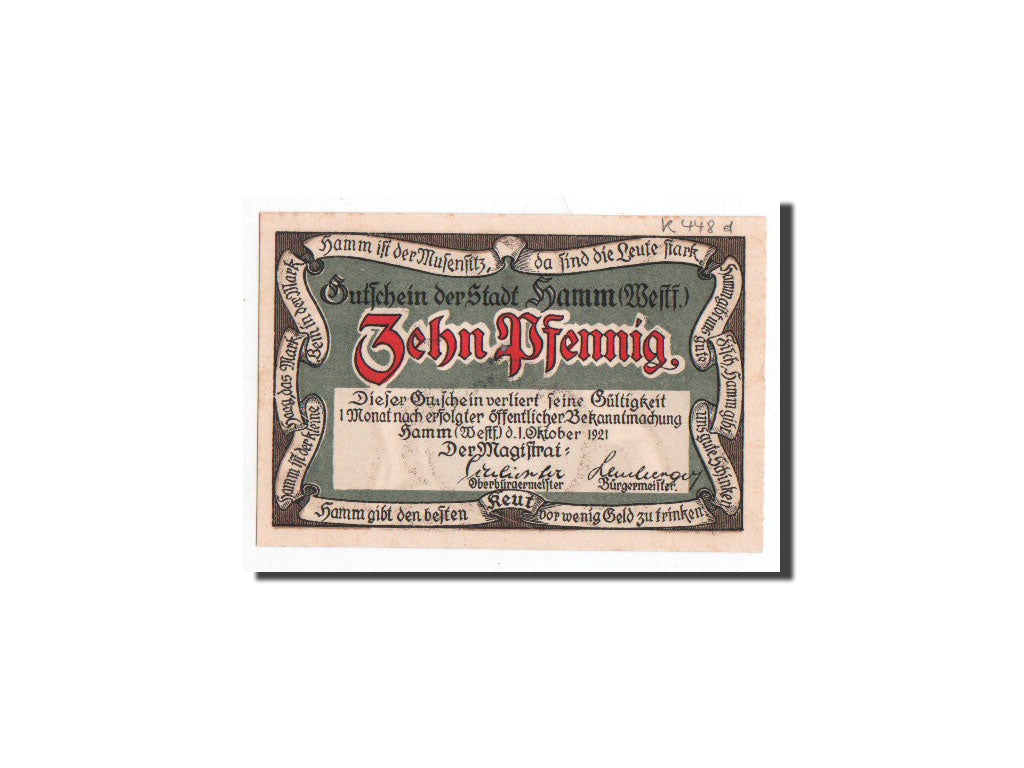 Biljet, Duitsland, Hamm, 10 Pfennig, Mouse Grey, 1921, 1921-10-01, NIEUW
