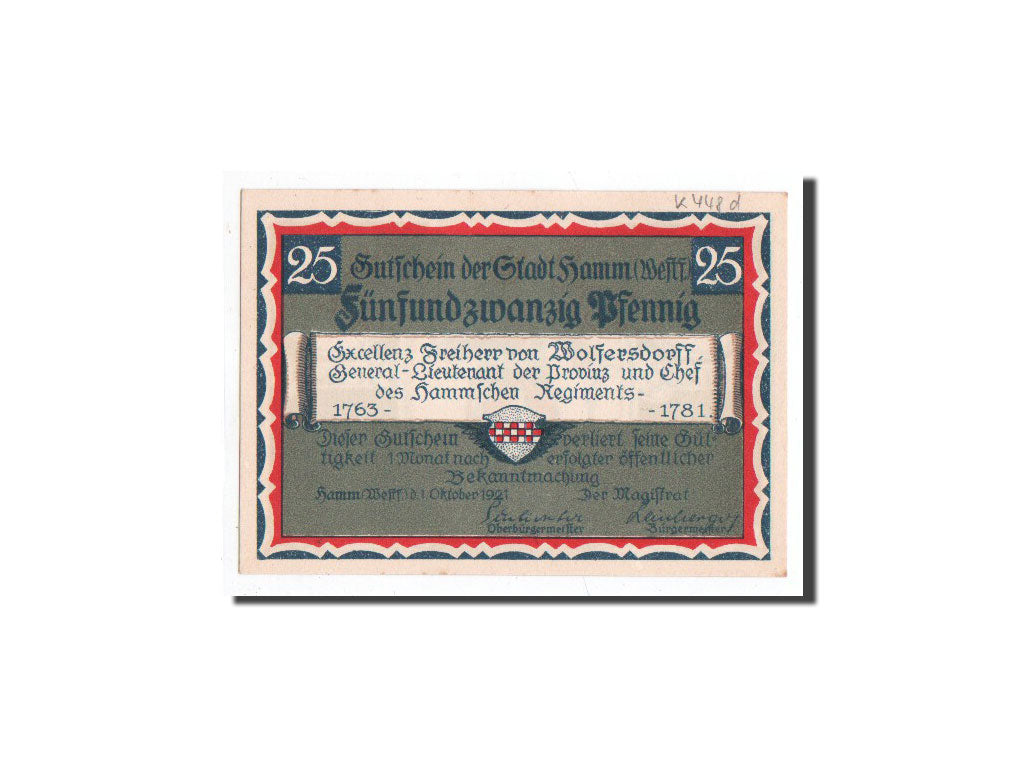 Banknote, Germany, Hamm, 25 Pfennig, Bottle Green, 1921, 1921-10-01, UNC(65-70)
