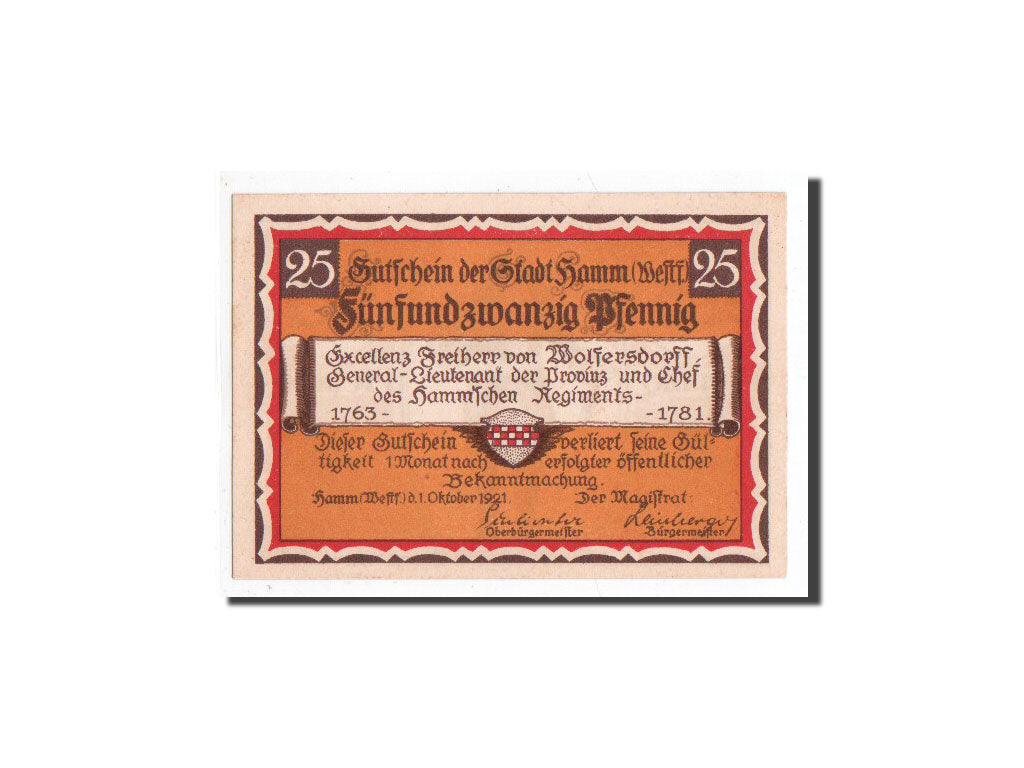 Billete, Alemania, Hamm, 25 Pfennig, Honey, 1921, 1921-10-01, UNC, Mehl:568.4