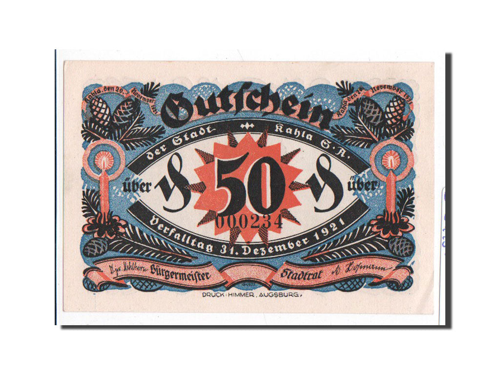 Banknot, Niemcy, Kahla Stadt, 50 Pfennig, N.D, 1921, 1921-11-20, UNC(65-70)