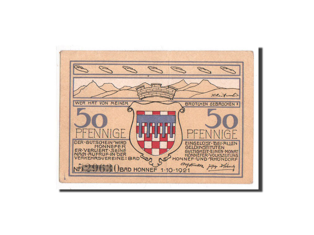 Banconote, Germania, Honnef a Rhein, 50 Pfennig, paysage, 1921, 1921-10-01, FDS