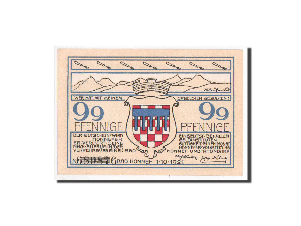 Banconote, Germania, Honnef a Rhein, 99 Pfennig, Eglise, 1921, 1921-10-01, FDS