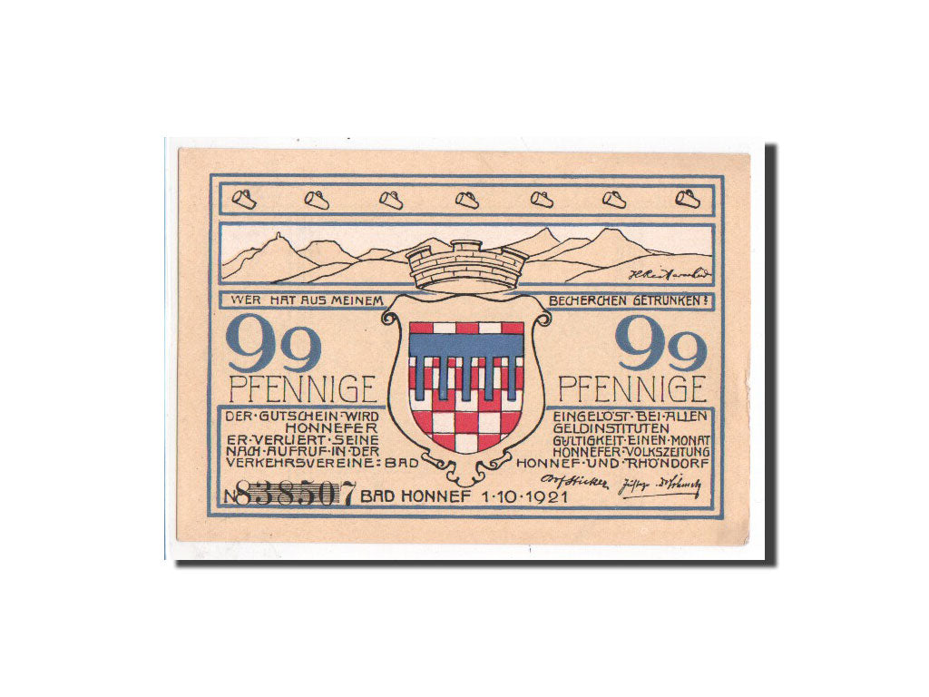 Banconote, Germania, Honnef a Rhein, 99 Pfennig, arbre, 1921, 1921-10-01, FDS