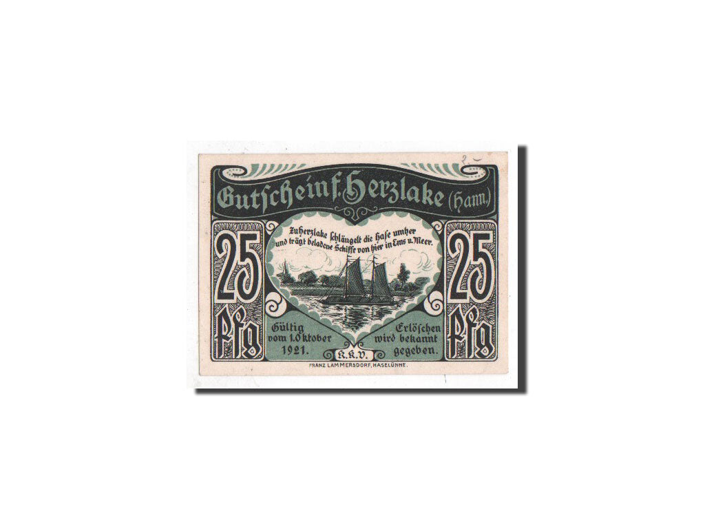 Banconote, Germania, Herzlake, 25 Pfennig, Ville, 1921, 1921-10-01, FDS