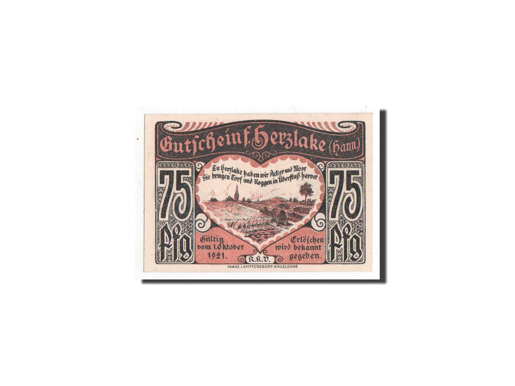 Banconote, Germania, Herzlake, 75 Pfennig, Ville, 1921, 1921-10-01, FDS