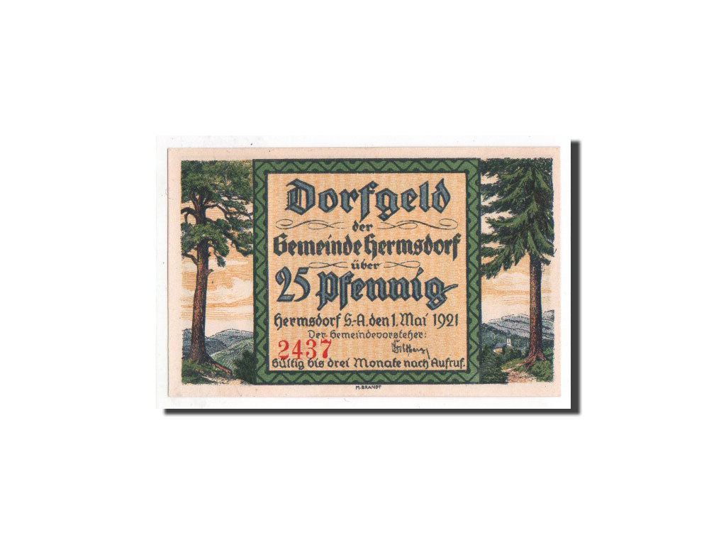 Banconote, Germania, Hermsdorf, 25 Pfennig, Foret, 1921, 1921-05-01, FDS