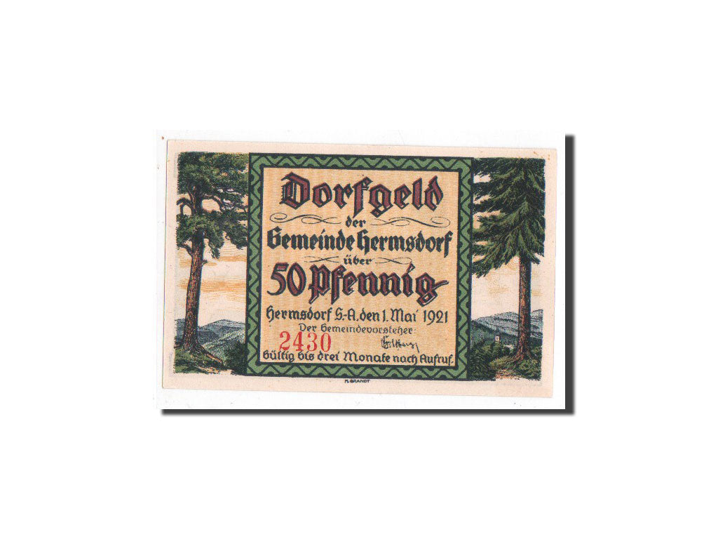 Billet, Allemagne, Hermsdorf, 50 Pfennig, Foret, 1921, 1921-05-01, NEUF