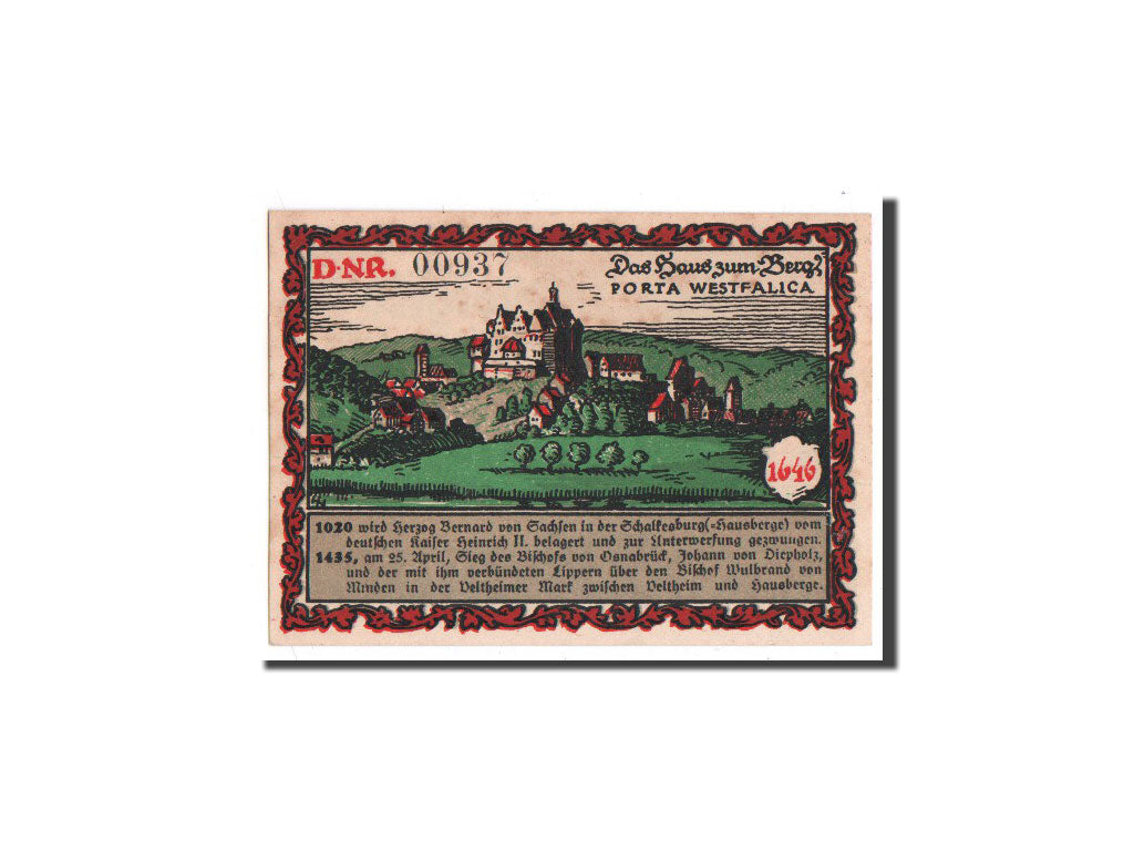 Billet, Allemagne, Hauberge a Weser, 50 Pfennig, paysage, 1921, Undated, NEUF