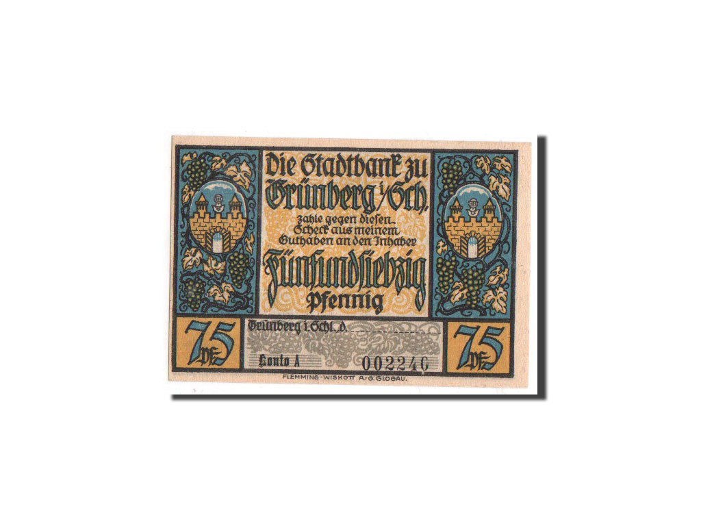 Geldschein, Deutschland, Grunberg Stadt, 75 Pfennig, Monument, O.D, Undated