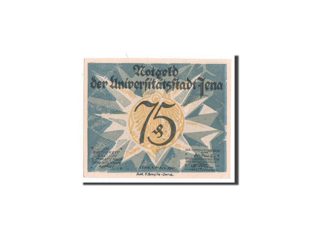 Banconote, Germania, Jena Stadt, 75 Pfennig, personnage, 1921, 1921-05-01, FDS