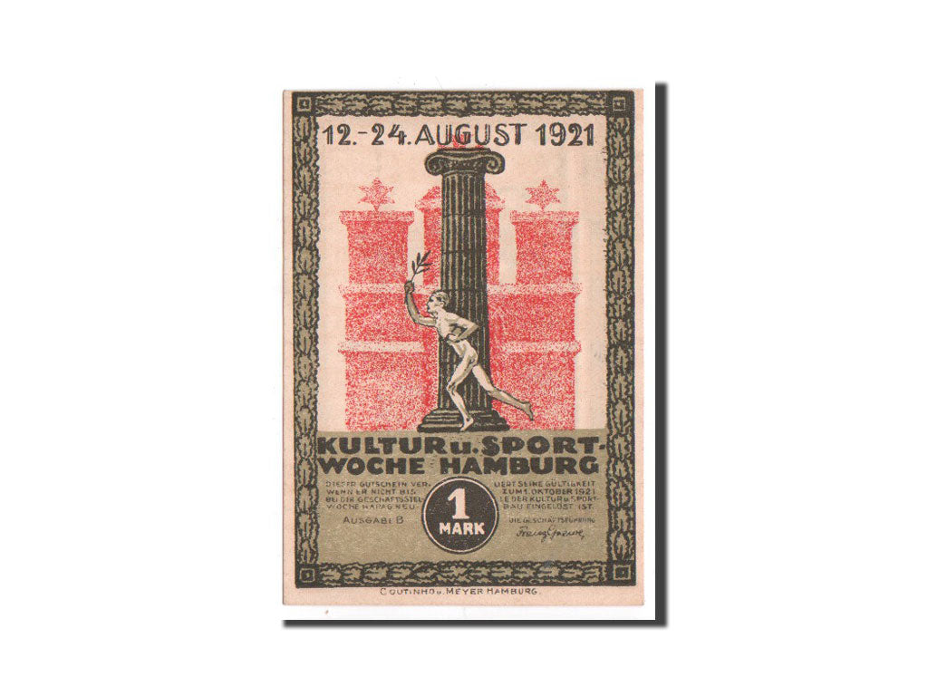 Biljet, Duitsland, Hamburg, 1 Mark, Ecusson, 1921, 1921-08-12, NIEUW, Mehl:539.3