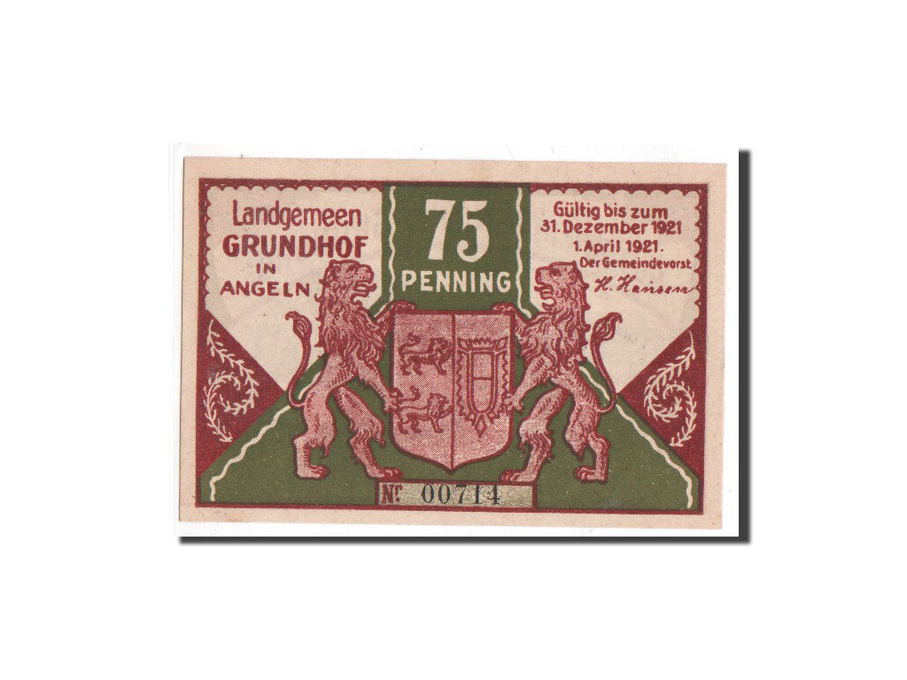 Biljet, Duitsland, Grundhof in Angeln, 75 Pfennig, Ecusson, 1921, 1921-04-01