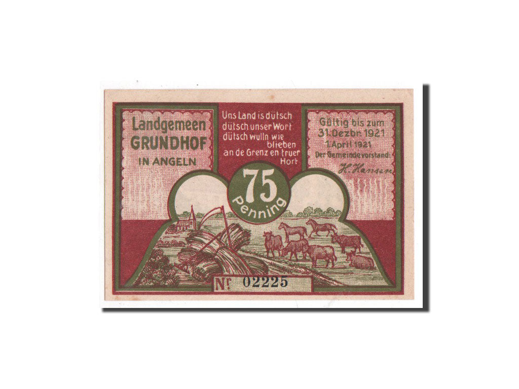 Biljet, Duitsland, Grundhof in Angeln, 75 Pfennig, Maison, 1921, 1921-04-01