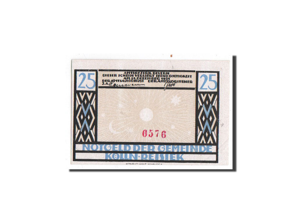 Biljet, Duitsland, Kölln-Reisiek, 25 Pfennig, verseau, poisson, 1921, Undated