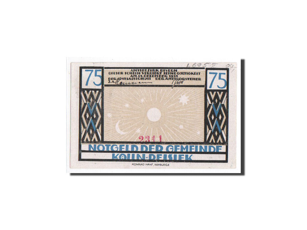 Banknote, Germany, Kölln-Reisiek, 75 Pfennig, sagittaire, capricorne, 1921