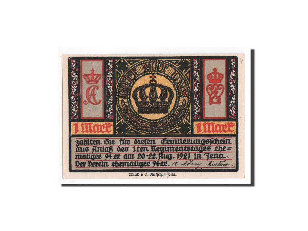 Banknote, Germany, Jena Stadt, 1 Mark, Monument, 1921, 1921-08-20, UNC(65-70)