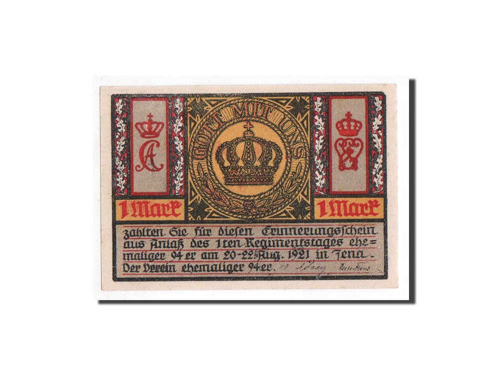 Banknote, Germany, Jena Stadt, 1 Mark, tour, 1921, 1921-08-20, UNC(65-70)