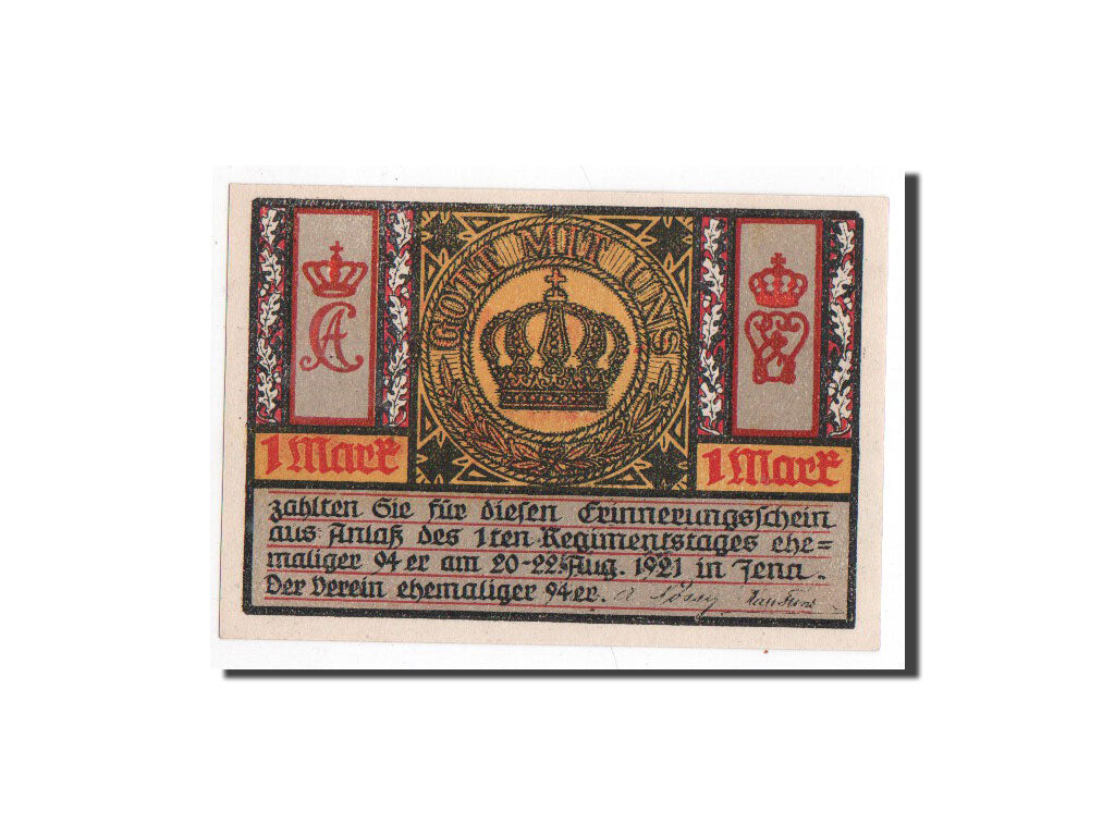 Biljet, Duitsland, Jena Stadt, 1 Mark, tour 2, 1921, 1921-08-20, NIEUW