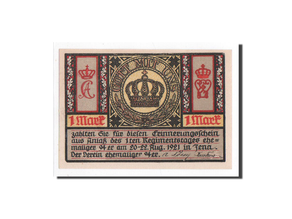 Biljet, Duitsland, Jena Stadt, 1 Mark, château, 1921, 1921-08-20, NIEUW