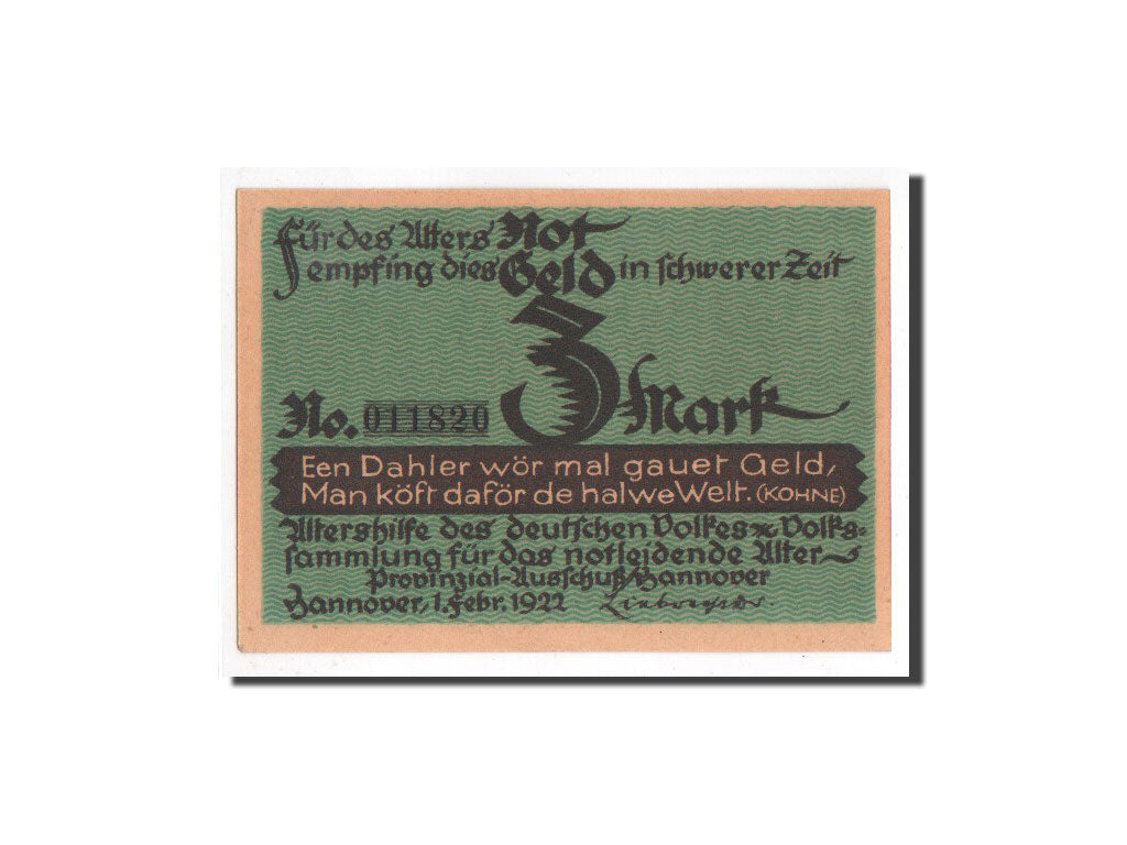 Banknot, Niemcy, Hannover, 3 Mark, personnage, 1922, 1922-02-01, UNC(65-70)