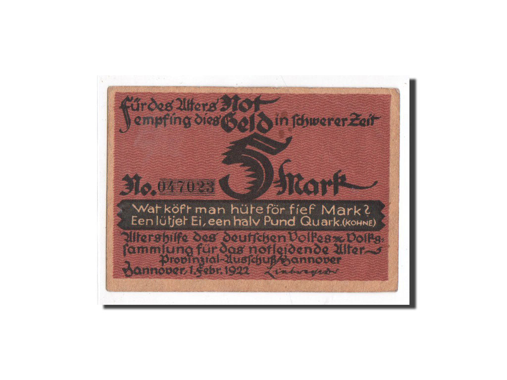 Billet, Allemagne, Hannover, 5 Mark, personnage 1, 1922, 1922-02-01, NEUF