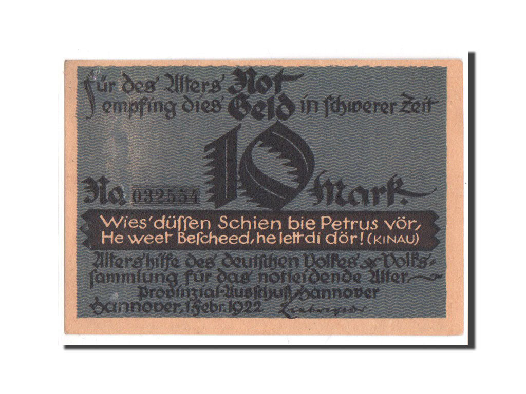 Banconote, Germania, Hannover, 10 Mark, personnage, 1922, 1922-02-01, FDS