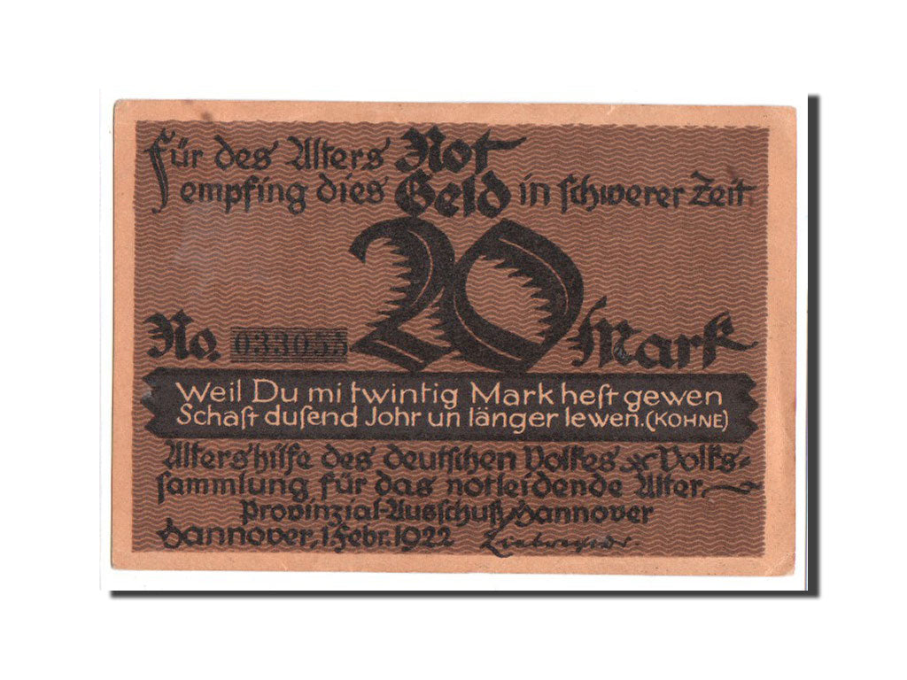 Banconote, Germania, Hannover, 20 Mark, personnage, 1922, 1922-02-01, FDS
