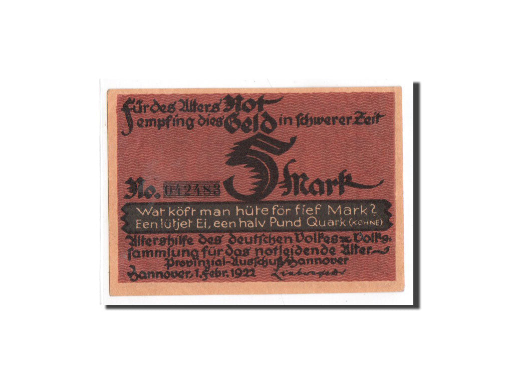 Banconote, Germania, Hannover, 5 Mark, personnage, 1922, 1922-02-01, FDS