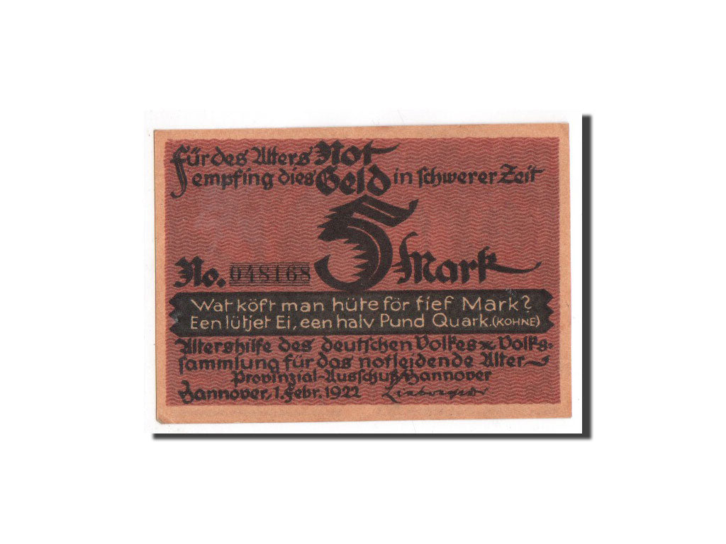 Banknote, Germany, Hannover, 5 Mark, personnage 1, 1922, 1922-02-01, UNC(65-70)