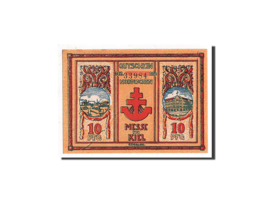Banknote, Germany, Kiel, 10 Pfennig, statue, 1921, 1921-09-15, UNC(65-70)