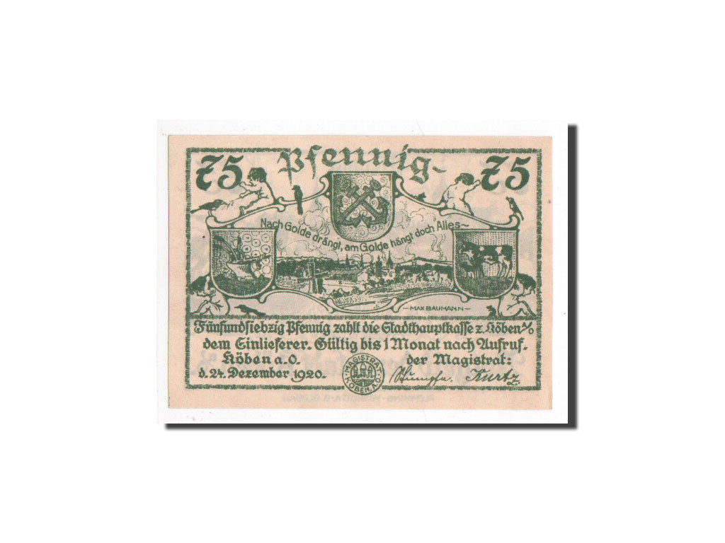Banknote, Germany, Köben a. O, 75 Pfennig, village, 1920, 1920-12-24
