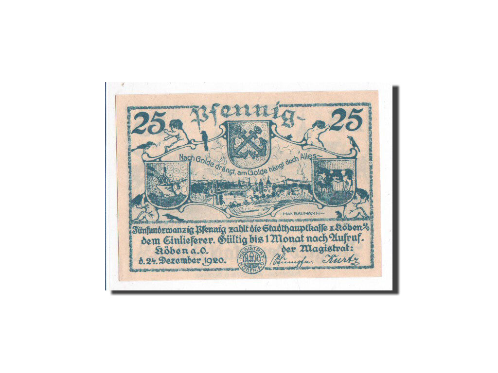 Biljet, Duitsland, Köben a. O, 25 Pfennig, village, 1920, 1920-12-24, NIEUW