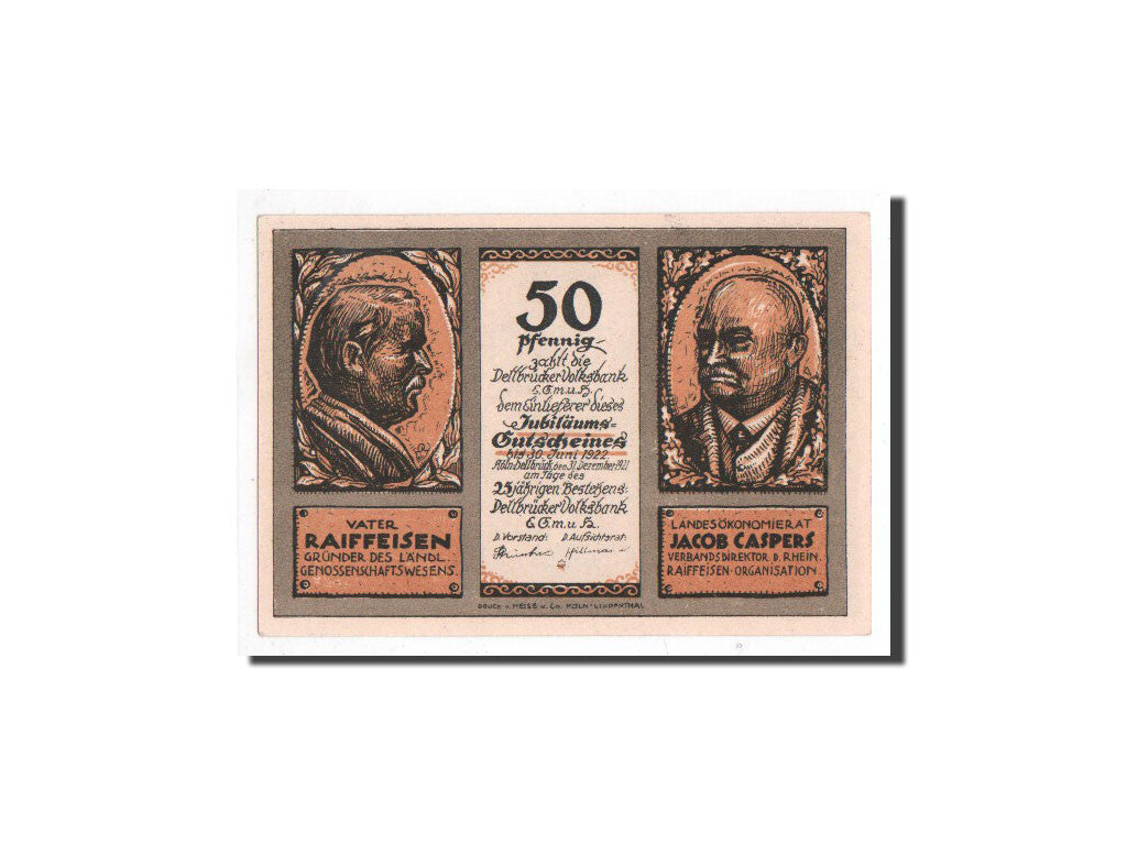 Banknote, Germany, Köln Dellbrück, 50 Pfennig, personnage, 1921, 1921-12-31