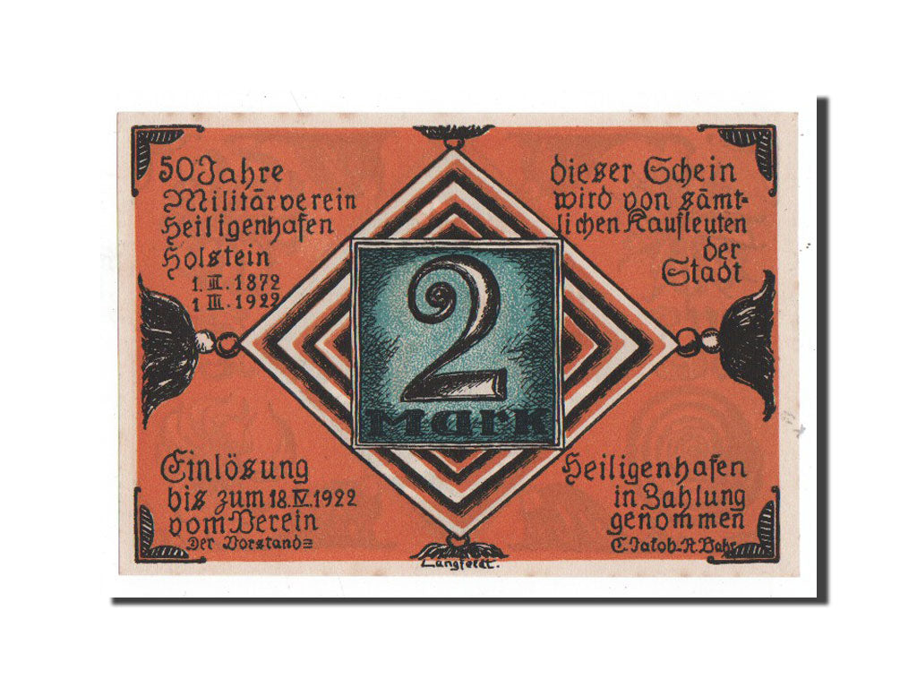 Banknote, Germany, Heiligenhafen, 2 Mark, drapeau, 1922, 1922-03-01, UNC(65-70)