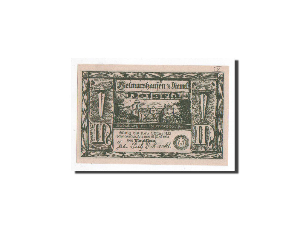 Banknote, Germany, Helmarshausen, 1 Mark, mort, 1921, 1921-05-15, UNC(65-70)