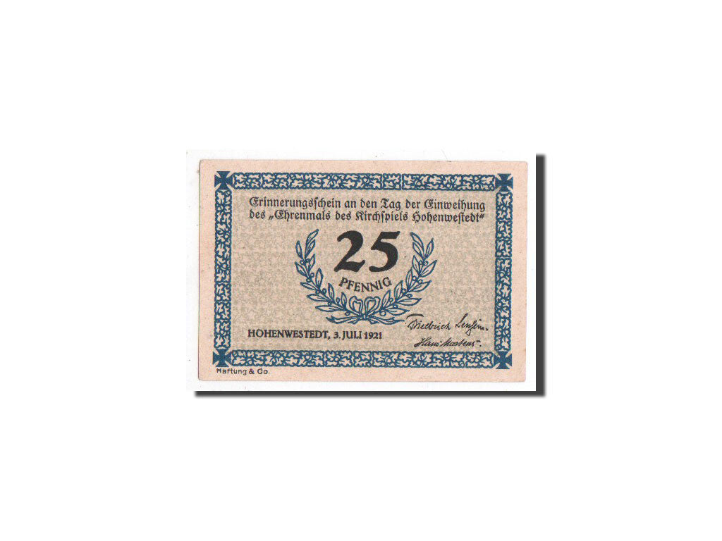 Banknot, Niemcy, Hohenwestedt, 25 Pfennig, construction, 1921, 1921-07-03