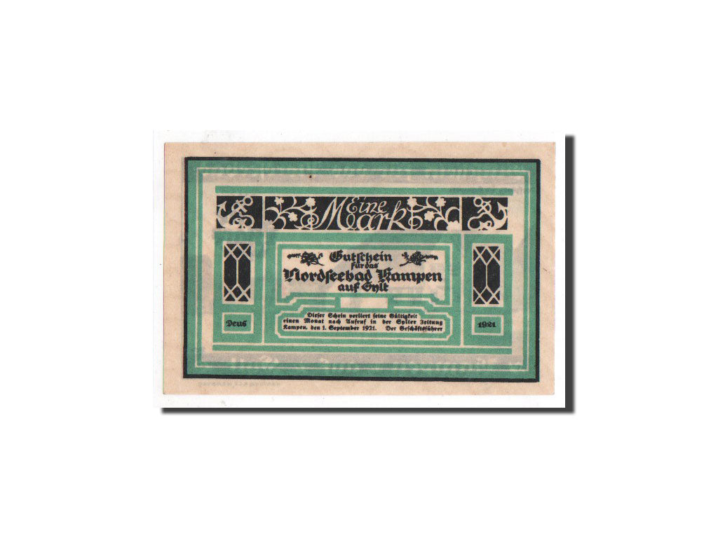 Banconote, Germania, Kampen, 1 Mark, paysage, 1921, 1921-09-01, FDS, Mehl:674.1a