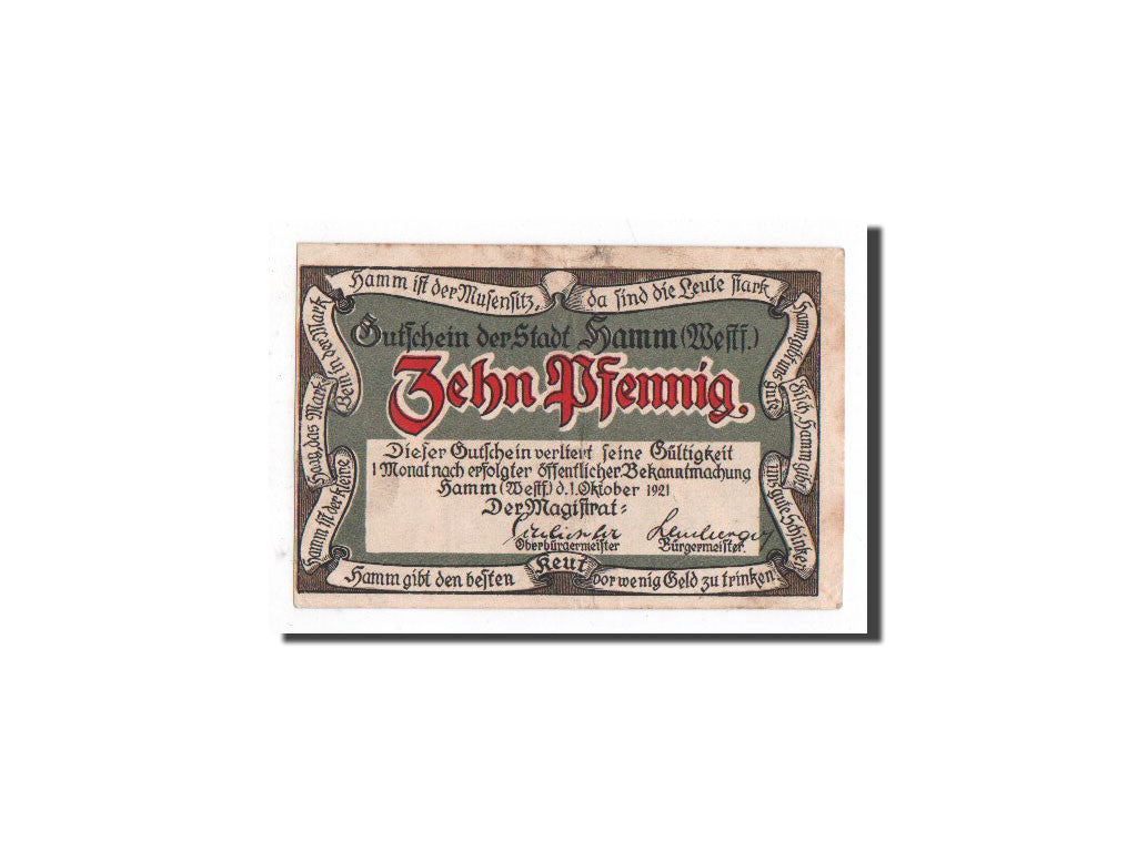 Banknote, Germany, Hamm, 10 Pfennig, vert clair, 1921, 1921-10-01, UNC(65-70)