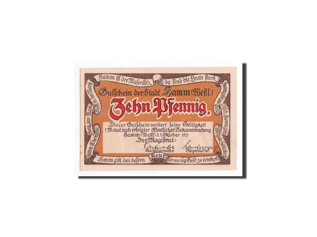Banknote, Germany, Hamm, 10 Pfennig, jaune, 1921, 1921-10-01, UNC(65-70)
